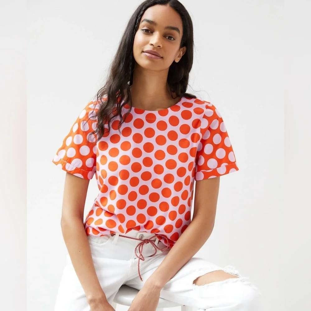 Anthropologie Polka Dot Tee Women Medium Orange Purple Short Sleeve Crew Neck